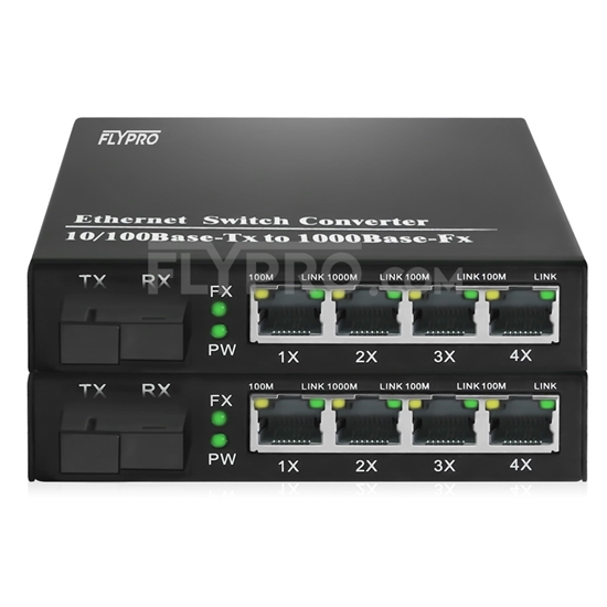 Bild von 4x 10/100/1000Base-T RJ45~1x 1000Base-X SFP Rainure SC Unmanaged Gigabit Ethernet Media Converter, Simplex, 1310nm/1550nm, 20km