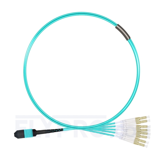 Bild von MPO Breakoutkabel, 2m (7ft) MPO Female auf 4 LC UPC Duplex 8 Fasern, Polarität B, LSZH, OM3 50/125 Multimode, Elite, Hellblau